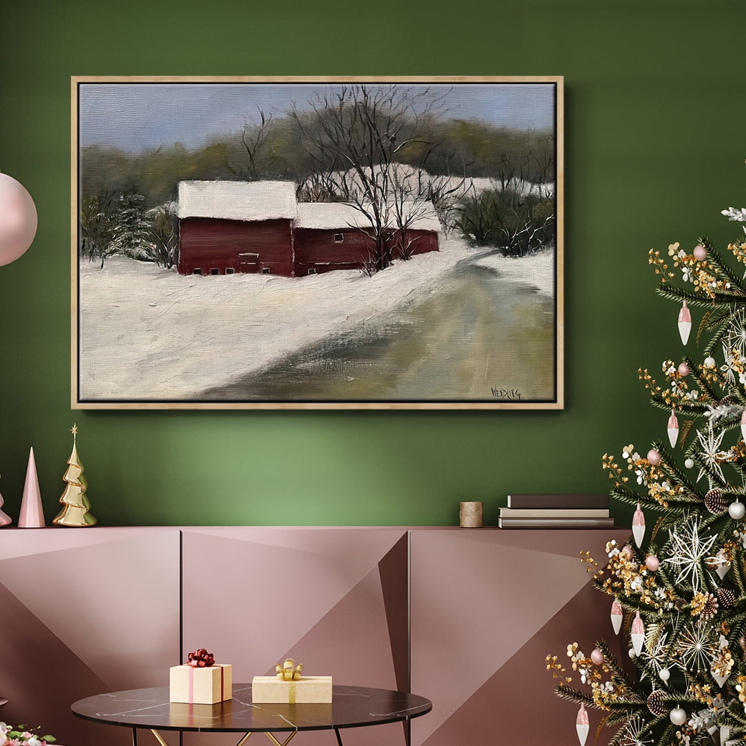 Winter Homestead II - Framed Gallery Wrapped Holiday Canvas - 27 x 41 - Natural Wood Frame