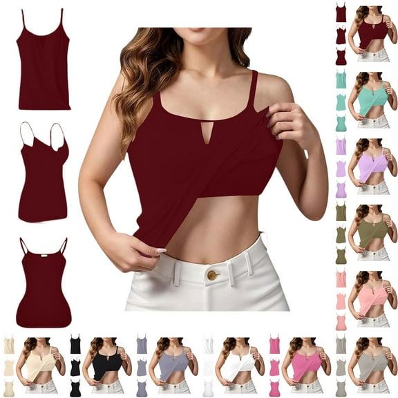 Women's Plus Size Padded Camisole with Built-in Bra, Sexy V Neck Removable Pads Tank Top, Solid Adjustable Strap Layering Vest