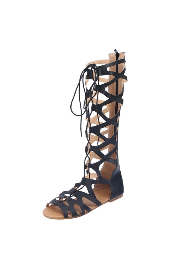 Knee High Sandals for Women Cross Straps Lace Up Back Zippers Flat Bottomed Hollow out Breathable Gladiator Summer Roman Boots Black