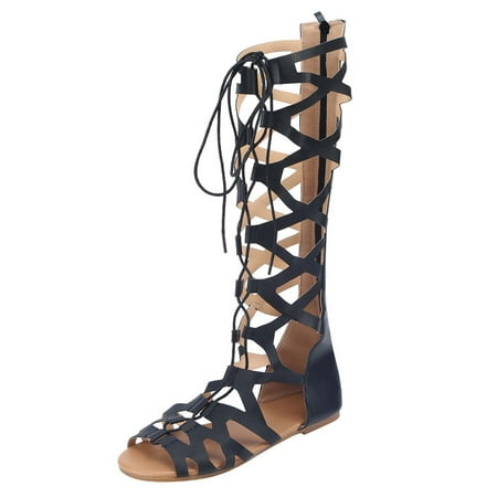 

Sandals for Women Lace Up Gladiator Sandals Platform Summer Beach Strappy Criss Cross Open Toe Knee High Flat Sandal