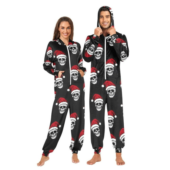 Adult Christmas Onesie Skull with Santa Claus Hat Pattern Zipper One-Piece Pajamas Unisex with Pockets