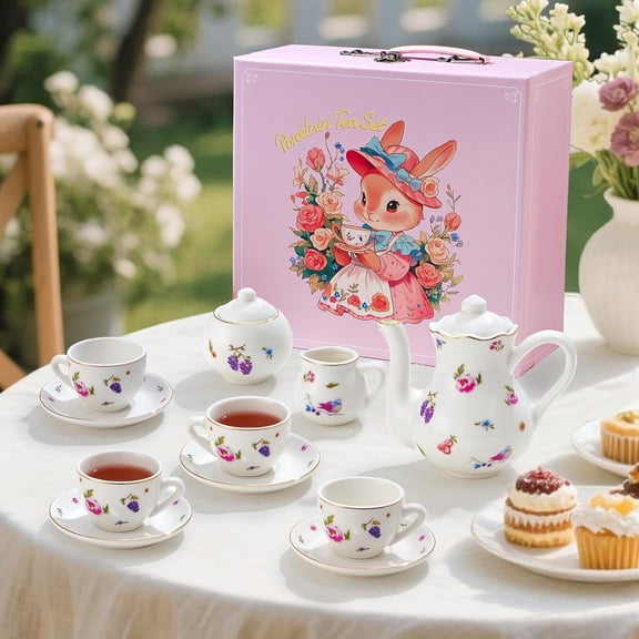 Porcelain Tea Set for Girls - White with Floral Pattern Tea Party Set for Toddlers, Including Carry Case & Teapot & Cup & Saucer, Kid Kitchen Pretend Playset - Christmas Birthday Gift for Girls