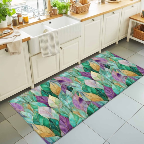 Hallway Runner Rug 2'x6', Purple Green Leaves Kitchen Runner Rugs Non-Slip Carpet Mats, Modern Abstract Art Botanical Bedside Rugs Runners Washable Floor Carpet for Bathroom Laundry Room