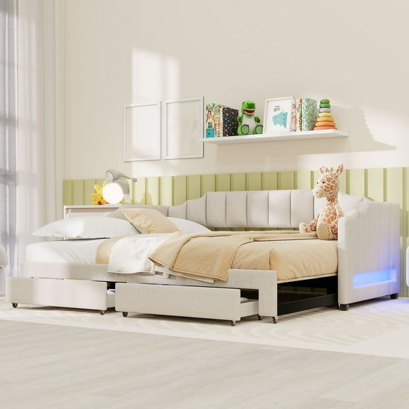 Twin XL Size Extendable Upholstered Daybed with Two Storage Drawers and LED Light, Twin XL to King Daybed, Beige