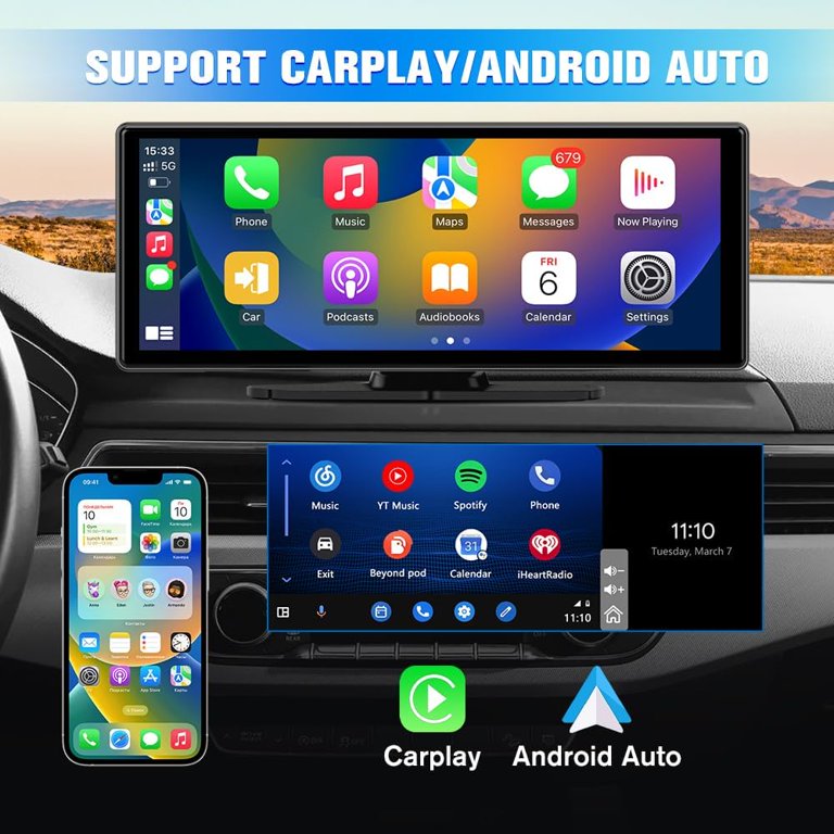 10.4" Wireless Portable Car Screen – 4K Dash Cam, Backup Camera, CarPlay, Android Auto, GPS, Bluetooth