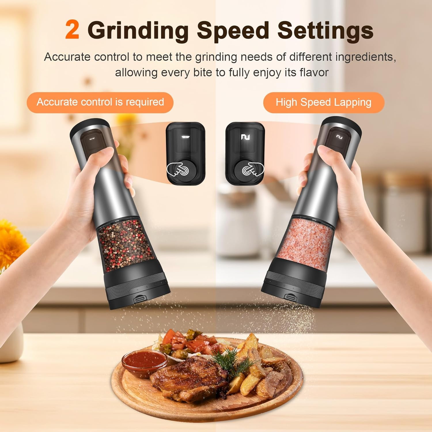 Electric Salt and Pepper Grinder Set - Automatic Rechargeable Pepper Mill with LED Battery Display & USB-C Charging Base, 5-Level Adjustable Coarseness Stainless Steel Spice Shakers for Kitchen, Dini