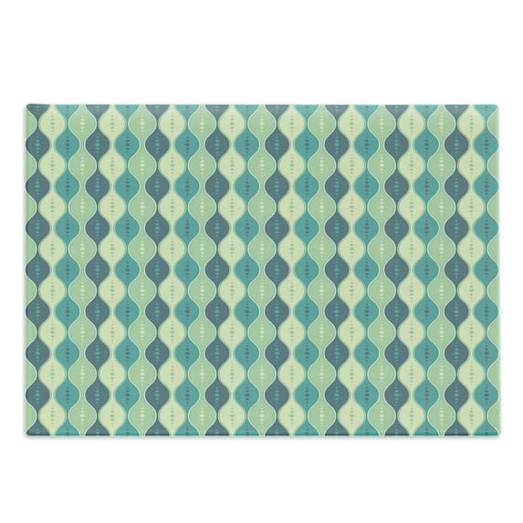 Abstract Cutting Board, Oval Curved Vertical Lines with Classic Effects Dots Retro Graphic, Decorative Tempered Glass Cutting and Serving Board, Large Size, Sea Green Petrol Blue, by Ambesonne