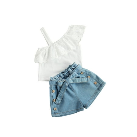 

ZQC Toddler Girls 2Pcs Summer Outfits Strap Ruffle Tops + Denim Shorts