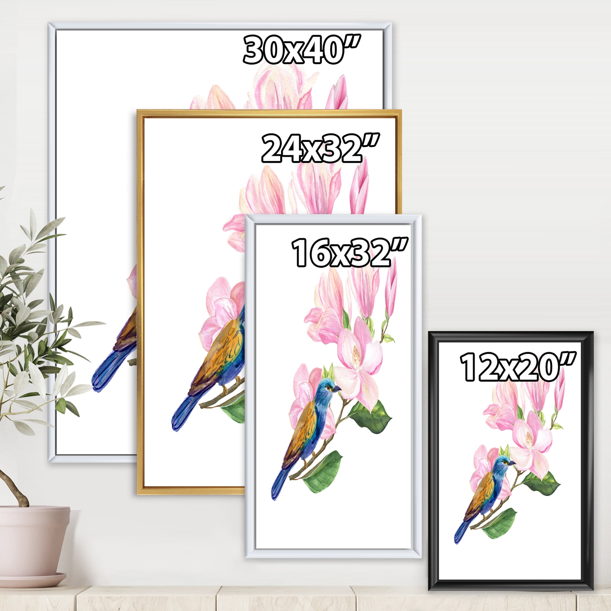 Designart 'Blue Bird Sitting On A Pink Magnolia' Traditional Framed Canvas Wall Art Print