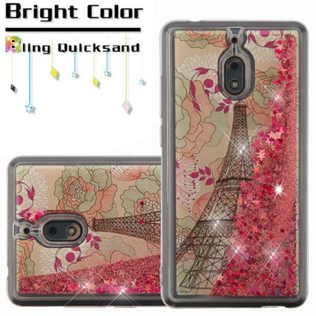 Cell Phone Cases Nokia Lumina NOKIA 2 V Phone Case BLING Hybrid Liquid Glitter Quicksand Sparkling Floating Sparkle Shiny Luxury Rubber Silicone Gel TPU Protective Hard Waterfall Cover Eiffel Tower Paris Stars Cover for Nokia 2V ()