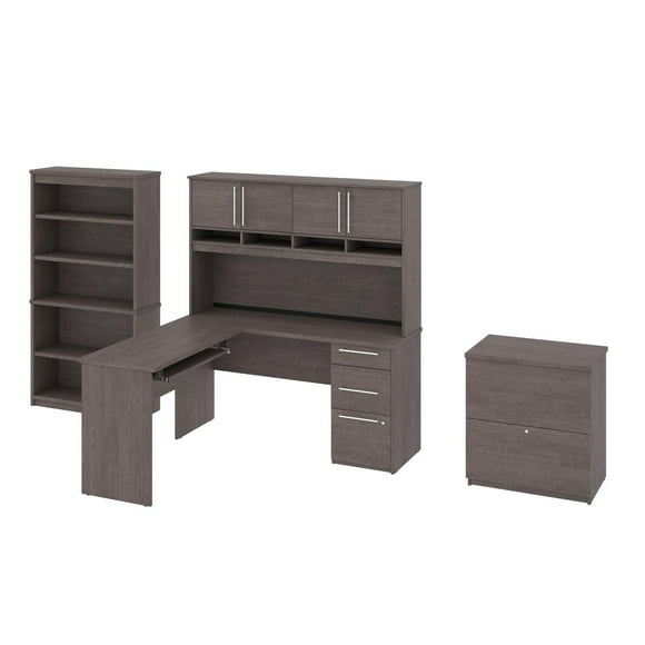 Bestar Innova 60W L-Shaped Desk with Hutch, Lateral File Cabinet, and Bookcase bark grey