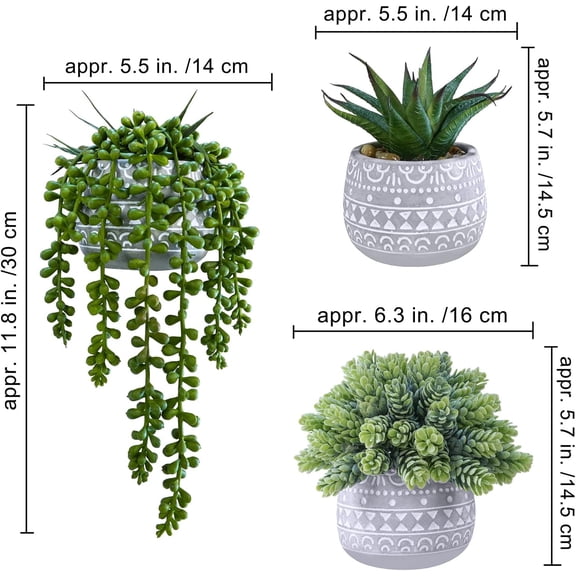 3 Pcs Assorted Small Potted Succulent Plants Artificial Aloe Hops String of Pearls Succulents in Gray Geometric Concrete Pots for Gifts Table Shelf Windowsill Indoor Outdoor Greenery Decor