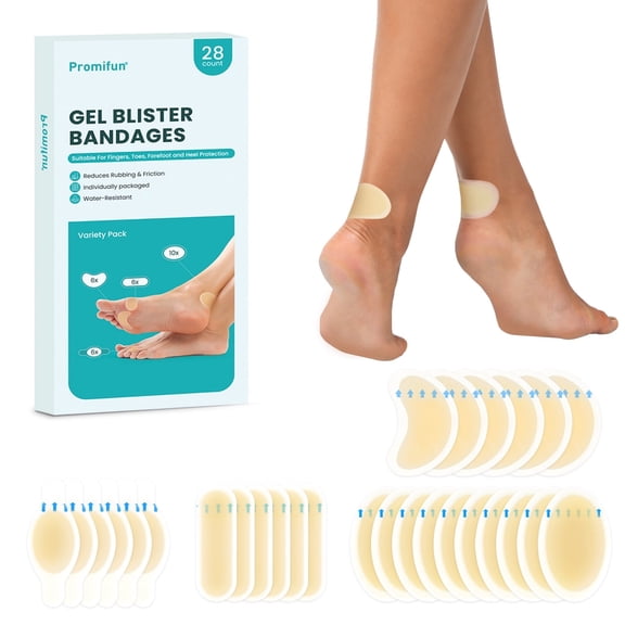 Promifun Blister Pads - 28Pieces Waterproof Hydrocolloid Bandages for Feet, Toes, and Heels - Gel Blister Pads for Prevention and Recovery