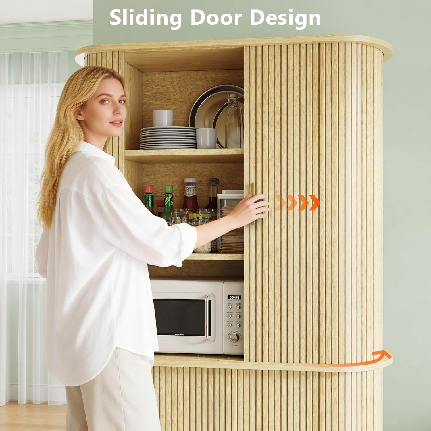 iPormis 64" Kitchen Pantry with Sliding Doors, Tall Farmhouse Curved Pantry Storage Cabinets with Drawer & Pull Out Shelves, Freestanding Wood Cupboard for Kitchen Dining Room Living Room, Natural
