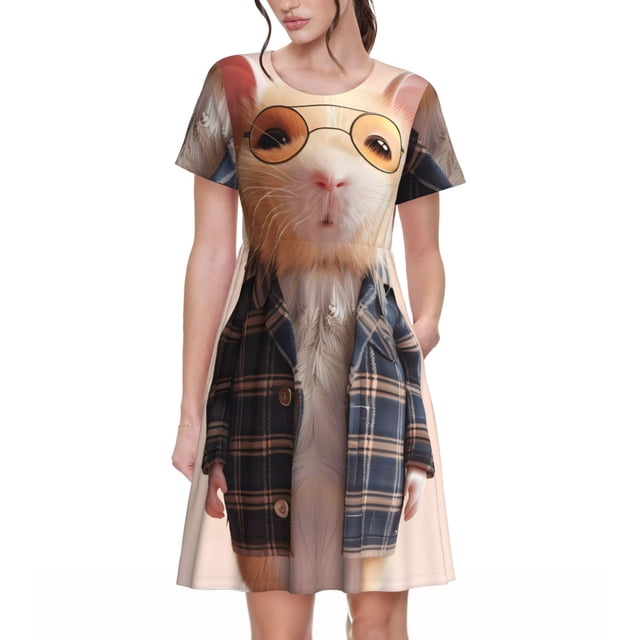 Xecao Mignonne Souris en Lunettes pour Femmes Été Robe Midi à Manches Courtes avec Poches Robe Décontractée T-Shirt Fluide Robe de Plage