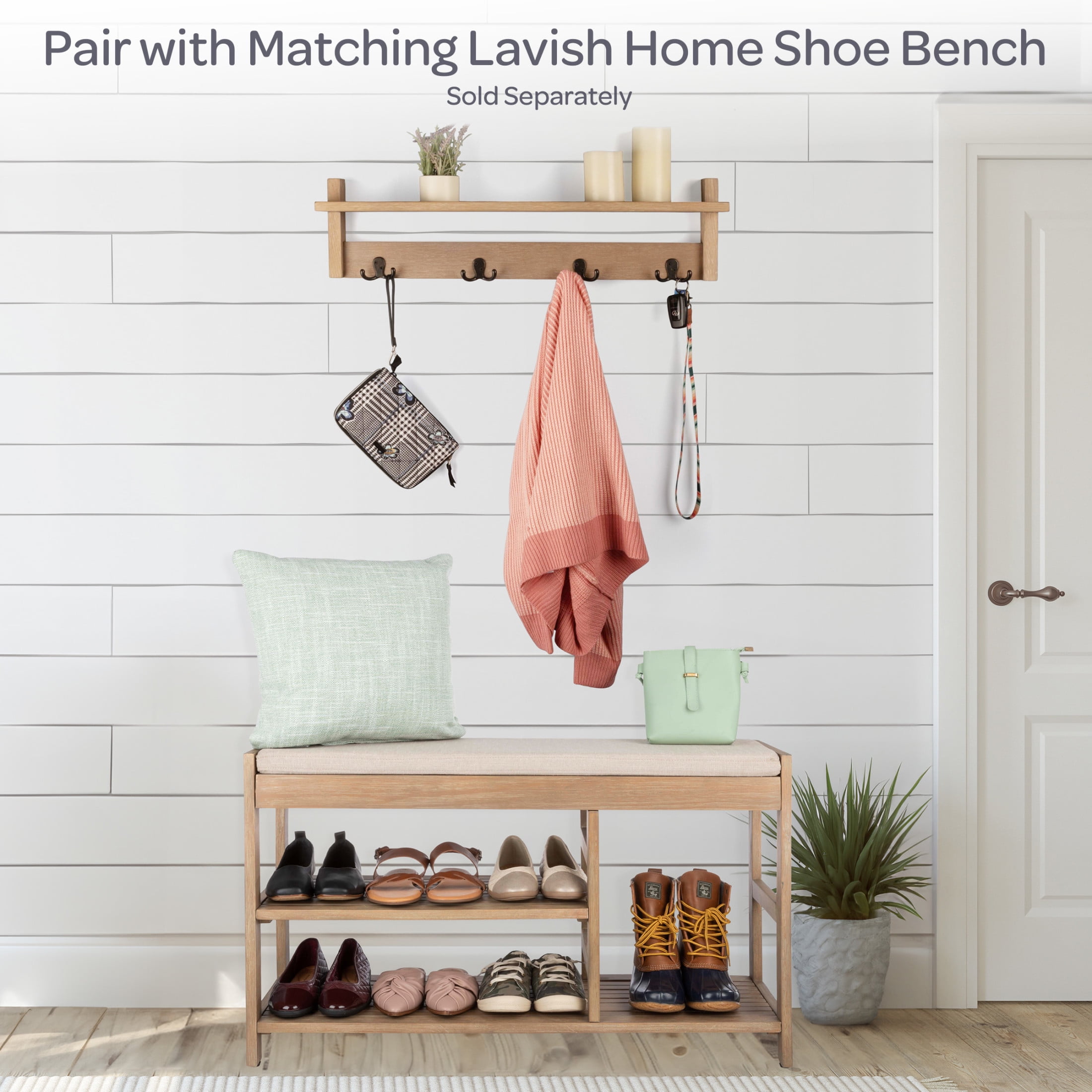Lavish Home Coat Rack with Shelf - Wall Mount Shelf with 4 Hooks (Brown)