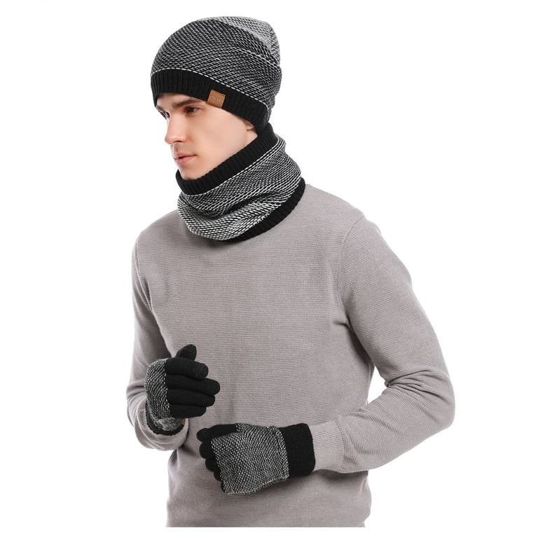 3 PCS Men\'s Fleece Lined Cold Weather Set Warm Winter Beanie Hat Bocaoying 3 Pcs Winter Hat Gloves Scarf Set for Men, Fleece  main image 3
