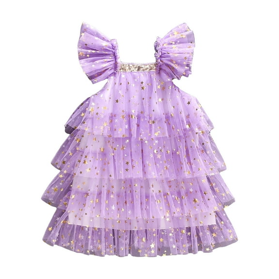 Kids Girls Princess Tulle Dress Stars Sequins Fly Sleeve Tiered Ruffles Dress Summer Clothes Party Dress