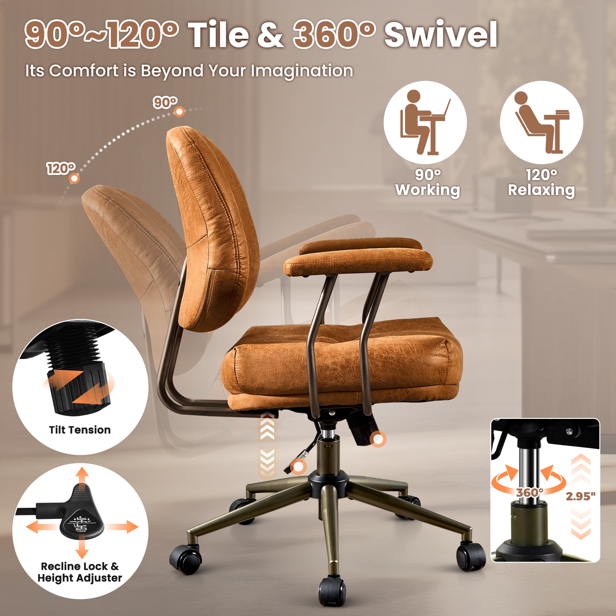 Vcatnet Home Office Chair with Lumbar Support Mid-Century Modern Executive Desk Chair Ergonomic Adjustable Office Chair, Suede Leather, Brown
