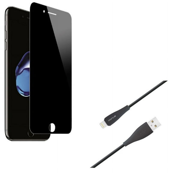iPhone 8/7/6S/6 - Tempered Glass Privacy Screen Protector w Charger Cord 10ft USB Cable - Curved Anti-Spy Anti-Peep 3D Edge Case Friendly, Power Wire Long Sync Fast Charge for iPhone 8/7/6S/6