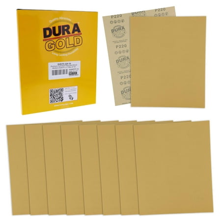 

Dura-Gold Premium Sandpaper - 220 Grit - Full Size 9 x 11 Sheets Wood Workers Gold Plain Backing - Box of 10 Sheets - Hand Sand Block Sanding Cut for Use On 1/4 1/3 1/2 Sheet Finishing Sanders
