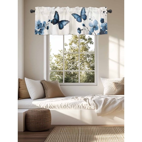 Kitchen Valances for Window, Watercolor Blue Flower Butterfly on Vintage Light Filtering Rod Pocket Valance Curtain, Spring Summer Botanical  Short Curtains Window Topper for Bedroom 54x18in