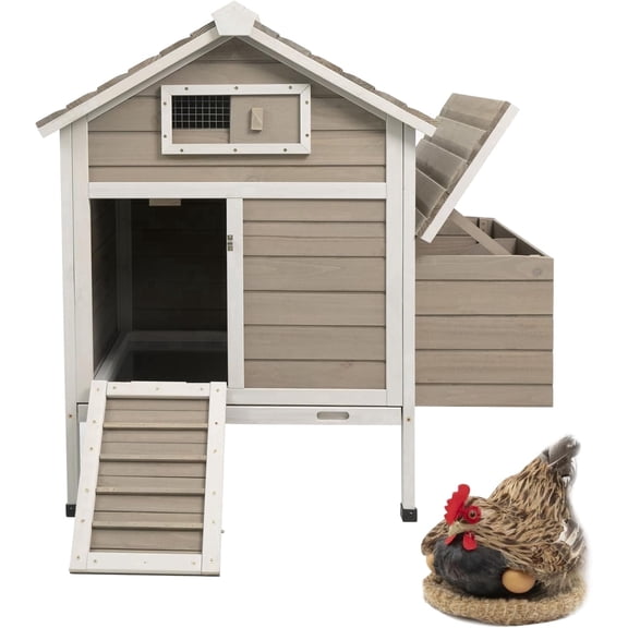 PETSCOSSET 32-Inch Wooden Raised Chicken Coop with Nesting Box and Pull-Out Tray, Gray