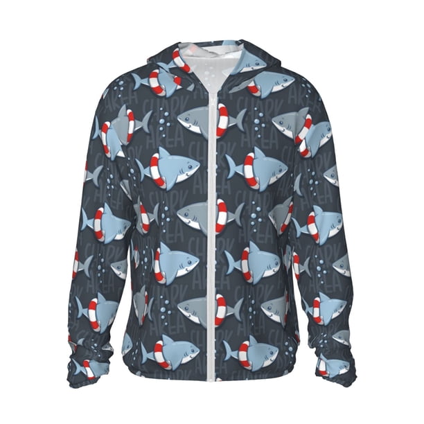 Fotbe Party Shark Cute Chaqueta con Protección Solar UPF 50+ para Hombre y Mujer, Camisa con Capucha y Bolsillos-Large