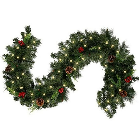 10 Ft Pre-Lit Christmas Garland with 50 LED Lights, Red Berries and Pinecones for Mantel Staircase Front Door Window Home Decor