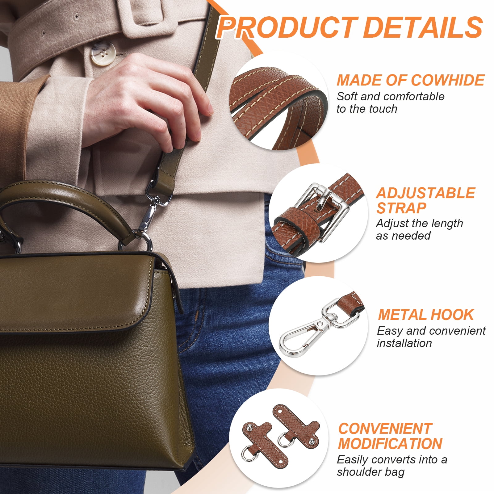 Leather Shoulder Strap, Adjustable Purse Straps Replacement Kit with Clasp for Handbag, Brown