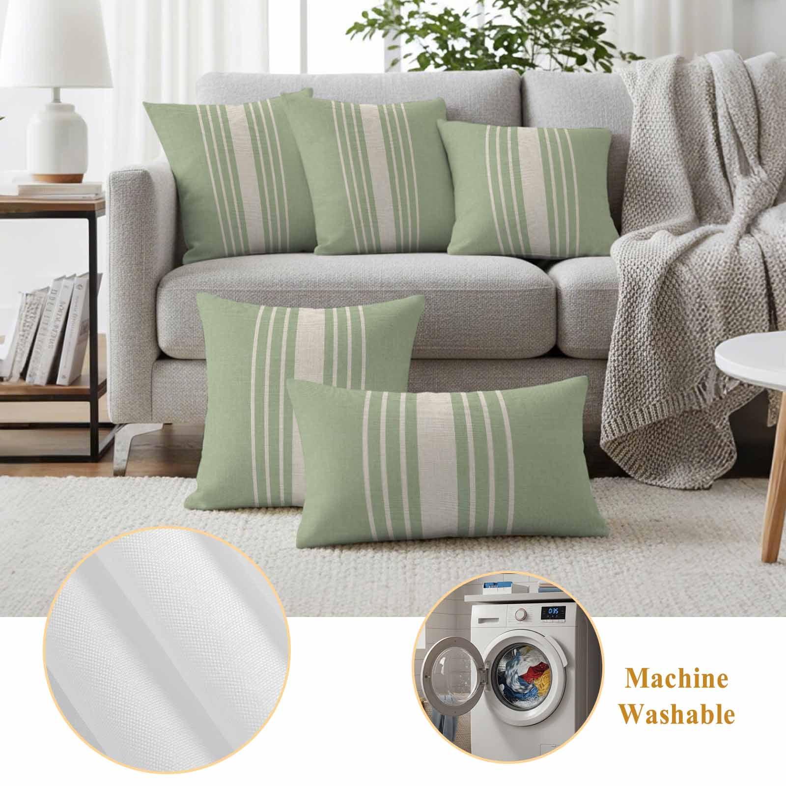 Sage Green Beige Striped Outdoor Waterproof Pillow Covers, Modern Farmhouse Retro Lines Decorative Rectangle Throw Pillowcase Sofa Cushion Sham for Patio/Couch/Chair, 20"x12" 2 Pack