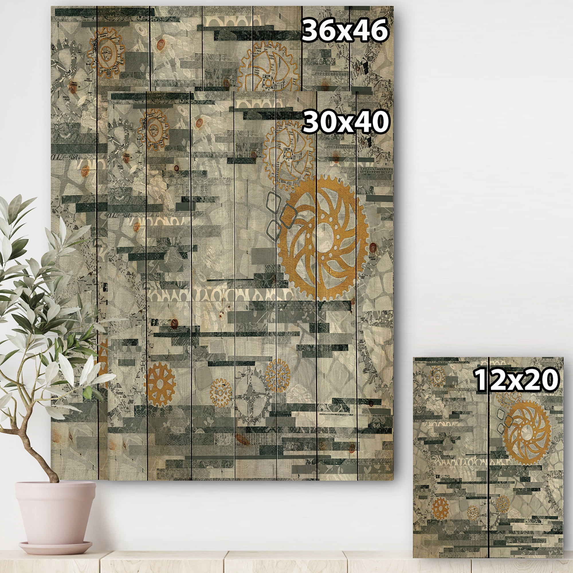 Designart 'Modern Gold Timetable On Gray II' Glam Print on Natural Pine Wood