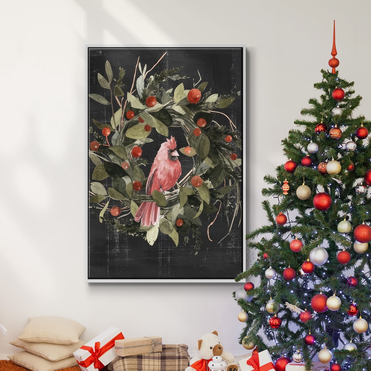 Christmas Cardinal II - Framed Gallery Wrapped Holiday Canvas - 27 x 41 - White Frame