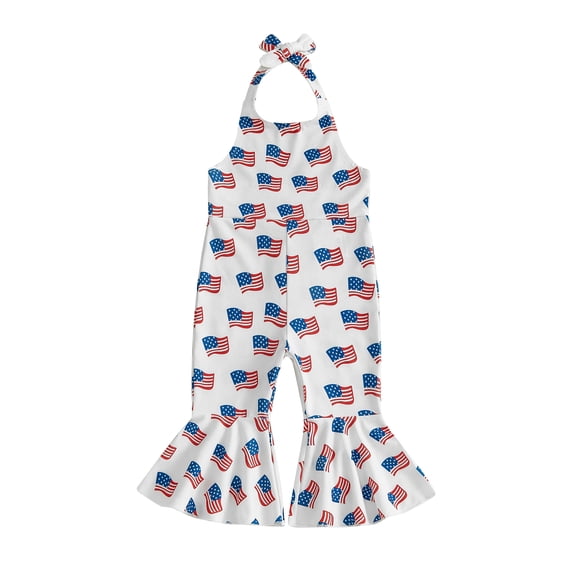 BemeyourBBs Toddler Baby Girls 4th of July Outfit Patriot Independent Day Summer Romper Clothes One Piece Jumpsuit Bell Bottoms Casual Slim Fit American Flag Print Halter Neck Backless Overalls