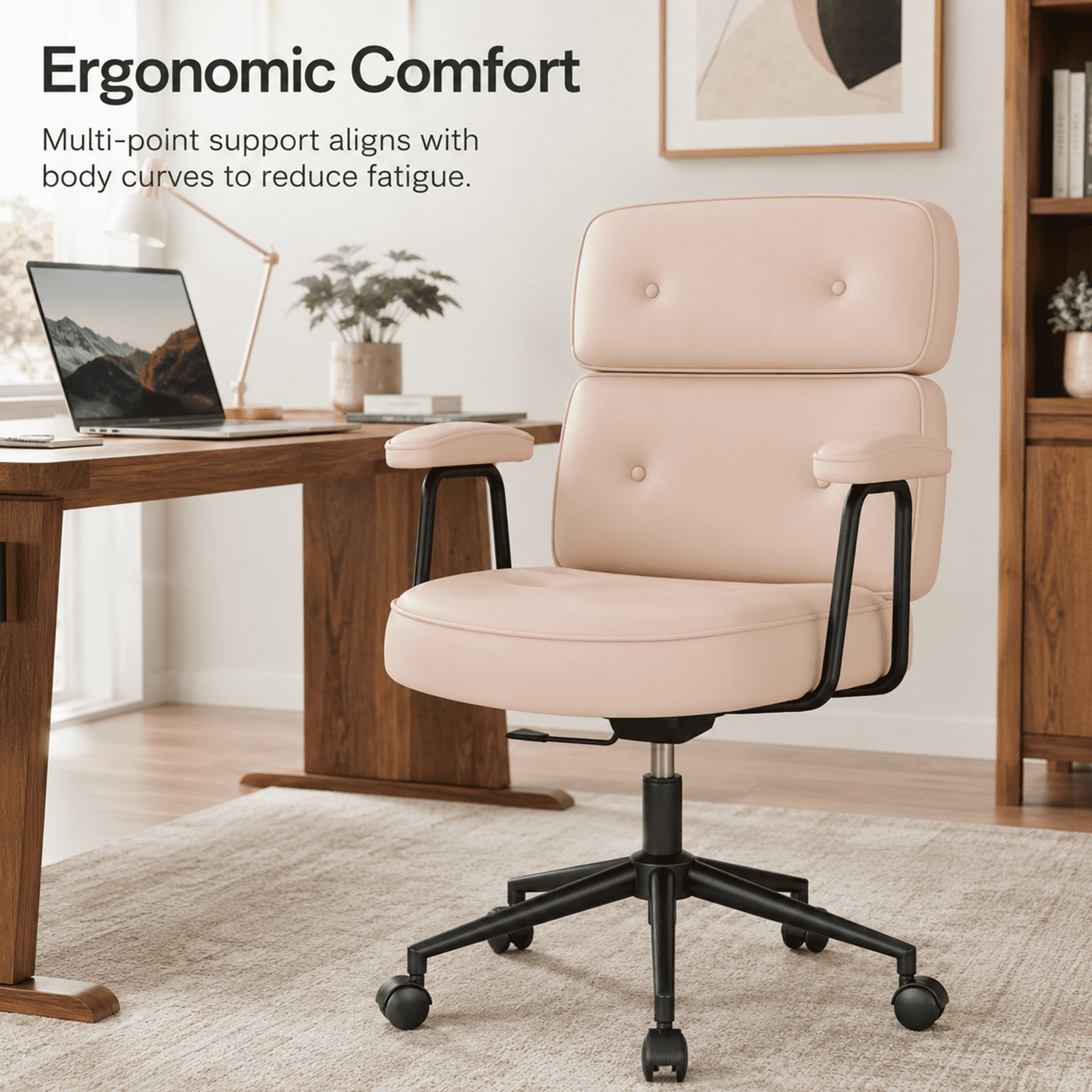 Alvantor Ergonomic Office Chair, PU Leather Computer Chair Lumbar Support, Adjustable Height, Rolling Swivel, Executive Task, Padded Armrests for Vanity, Study