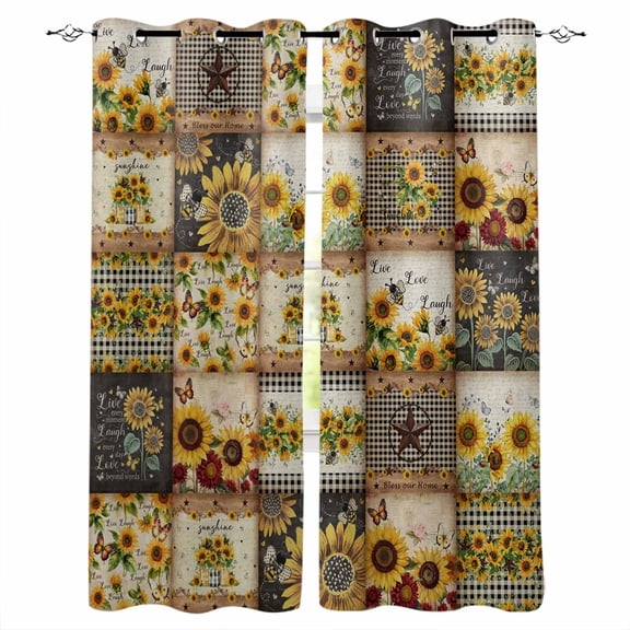 Fsddascl Sunflowers Blackout Curtains for Bedroom/Living Room, Thermal Insulated Kitchen Curtains, Farmhouse Vintage Western Texas Star Plaid Grommet Darkening Window Treatment Drapes 42"x63"x2