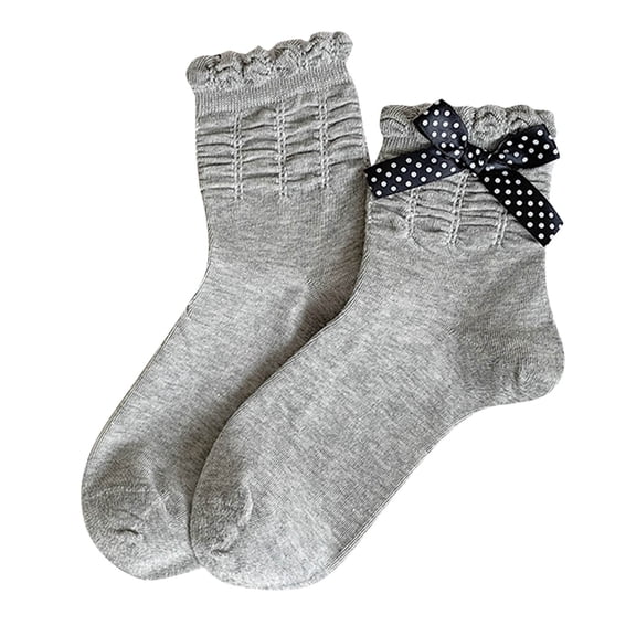 HNMKIU Women's Bow Crew Socks Dress Style Soft Breathable Everyday Casual Socks for Girls Grey,One Size