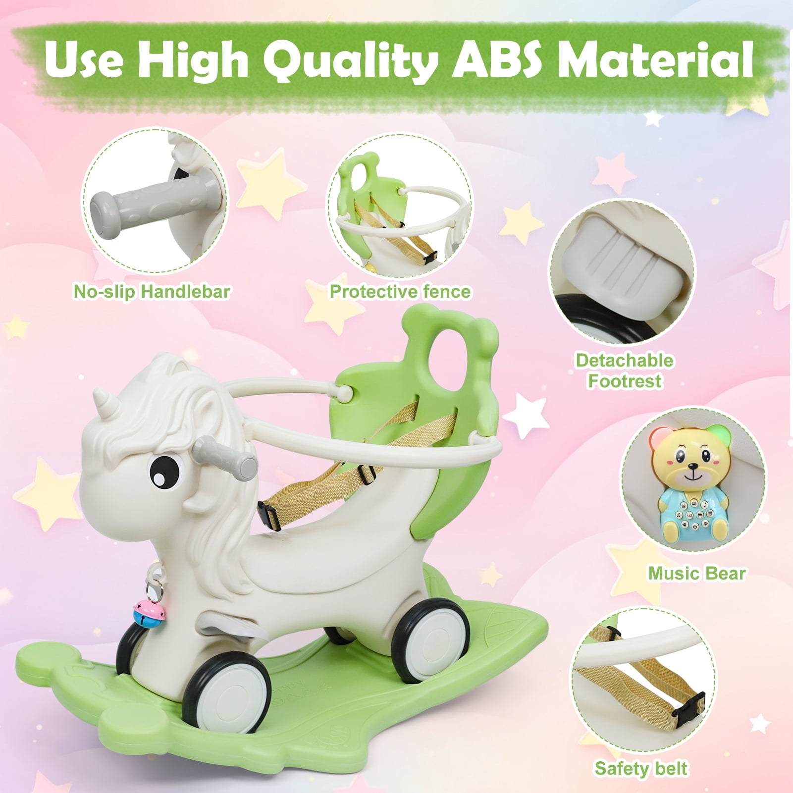Wdmiya 4 in 1 Rocking Horse for Toddlers 1-3 Years Old, Baby Unicorn Rocking Toy Birthday Gift for Boy and Girl, Ride on Toy with Detachable Balance Board，Balance Bike with Push Handle, Green