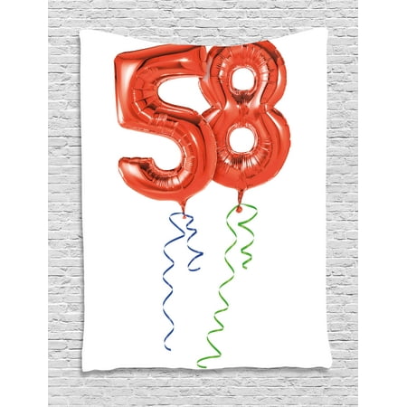 58th Birthday Decorations Tapestry, Getting Older Best Wishes Balloons Party Day Anniversary Picture, Wall Hanging for Bedroom Living Room Dorm Decor, 60W X 80L Inches, Red White, by