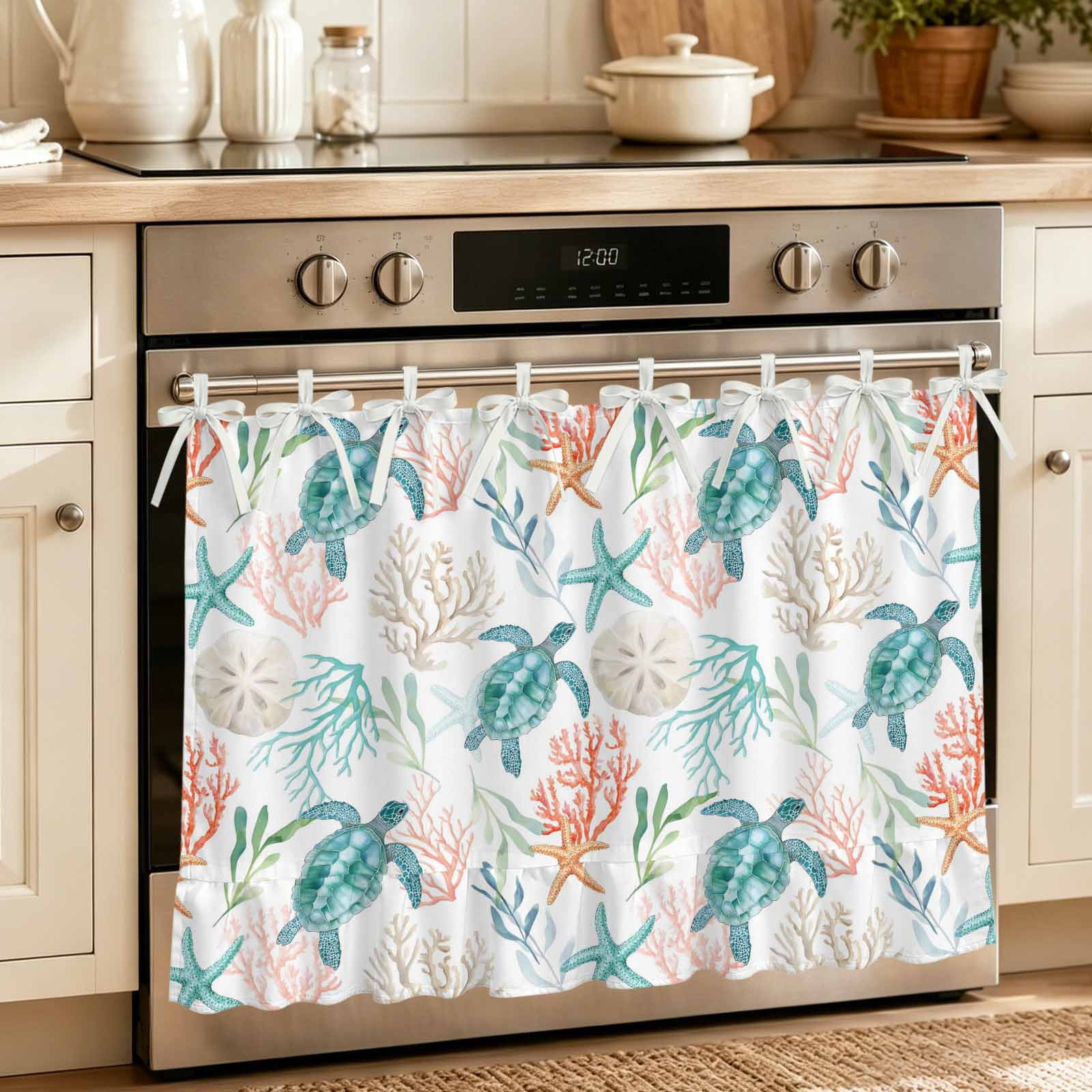 Teal Red Coastal Oven Curtain with Tie Top Oven Skirt Curtain for Kitchen Beach Nautical Sea Turtle Coral Starfish Under OvenCover Panel for Dust & Grease Apartment RV Cabinet Curtains 30 x21.5