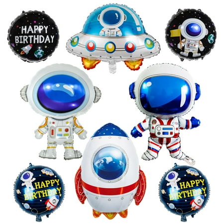 8 Pcs Space PriNst Balloons 33 Inch Astronaut Mylar Airship Planet Rocket Galaxy Foil Balloons for Outer Space Galaxy Themed Birthday Party Decorations