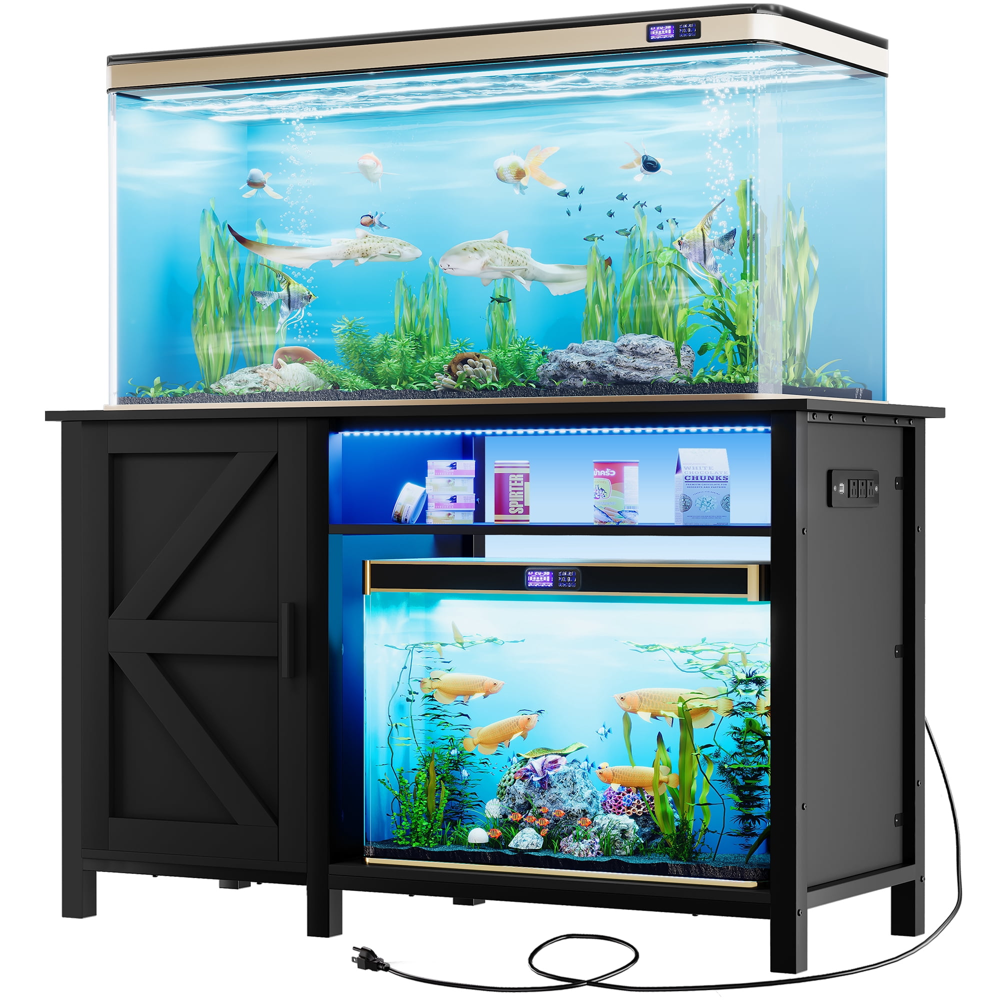 Uforic Fish Tank Stand with Electrical Sockets, Cabinet for 55-75 Gallon Aquarium, RGB Lighting Strip Ideal for Turtle Enclosure, Lizard Habitat, Supports up to 900 Pounds, Black