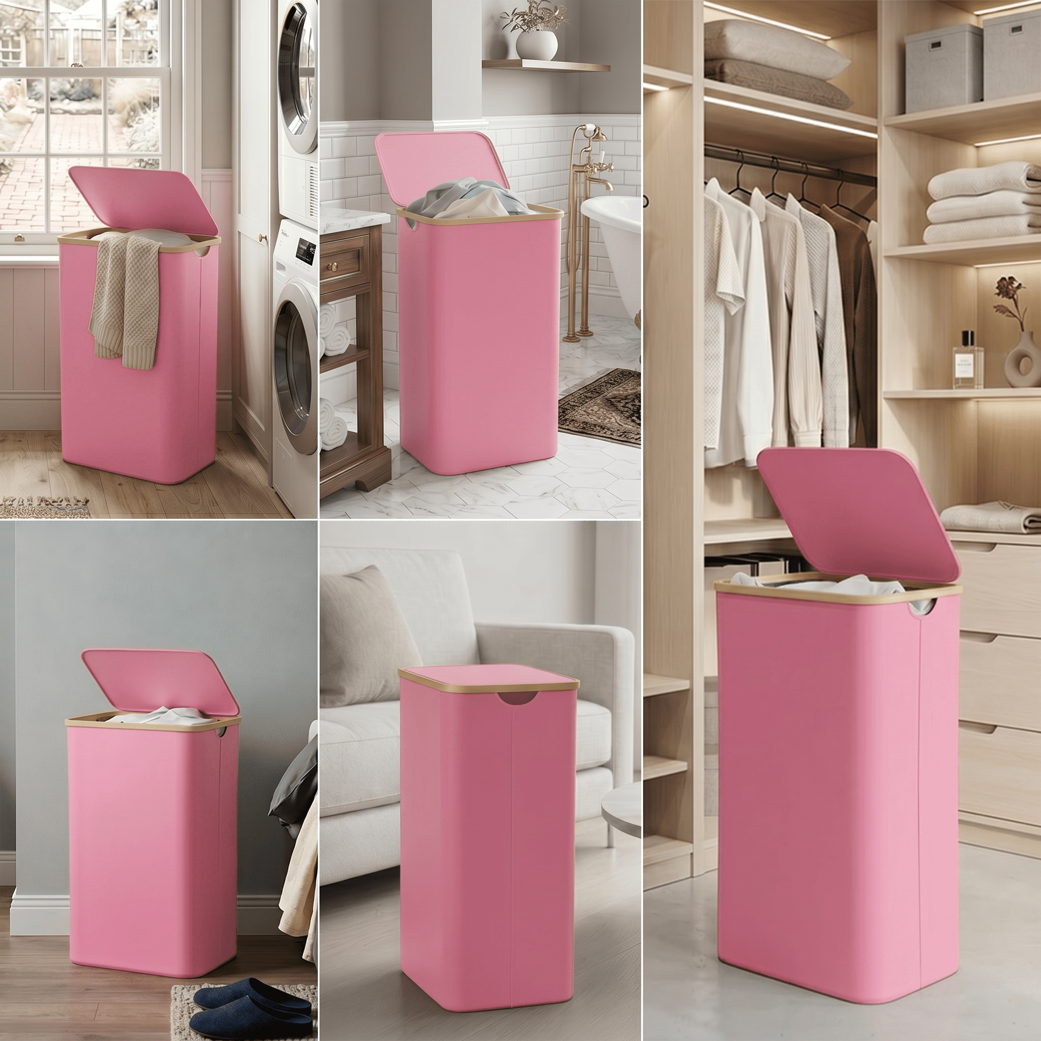 PLUMEBAY 110L Laundry Hamper with Lid, Large Foldable Clothes Basket with Bamboo Handles, Tall Fabric Hamper for Bedroom, Bathroom, Dorm, Pink