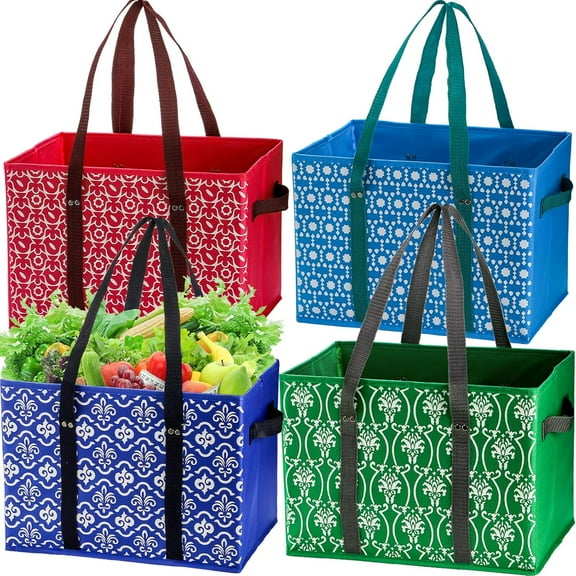 4 Pack Reusable Grocery Bags, Large Shopping Box Tote, Foldable Washable Storage Bins with Reinforced Bottom Heavy Duty Handles for Fruit Vegetable Clothes Toys and Picnic