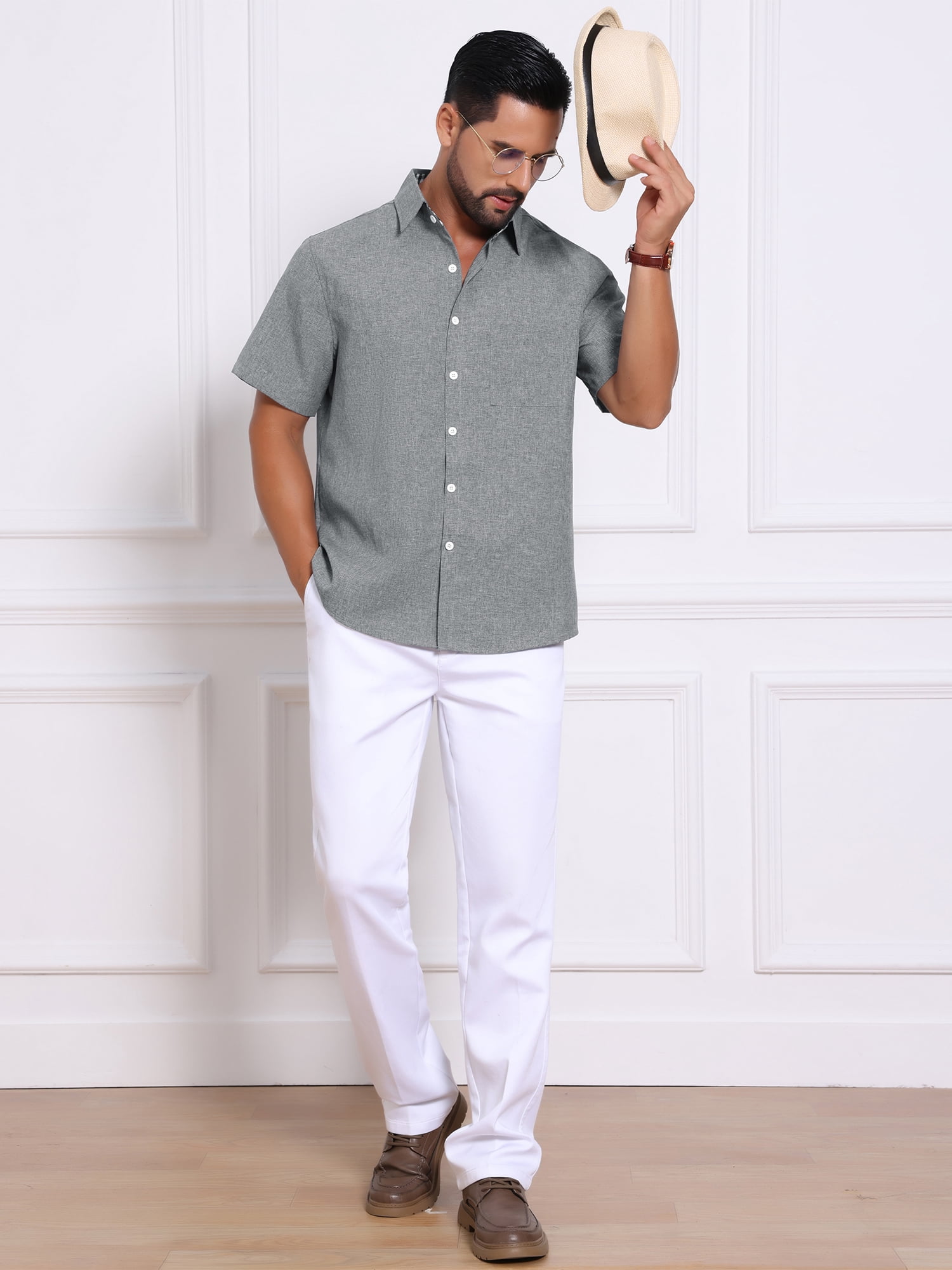 DARING DIVA Men's Plain Linen Short Sleeve Contrast Color Collar Shirts M Gray