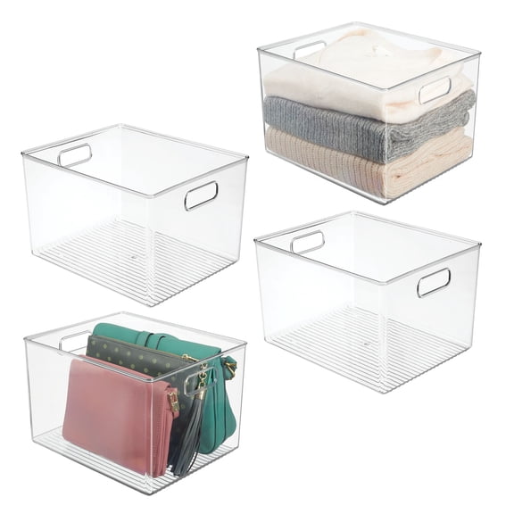 mDesign Plastic Closet Storage Organizer Container Bin, Handles - 4 Pack - Clear