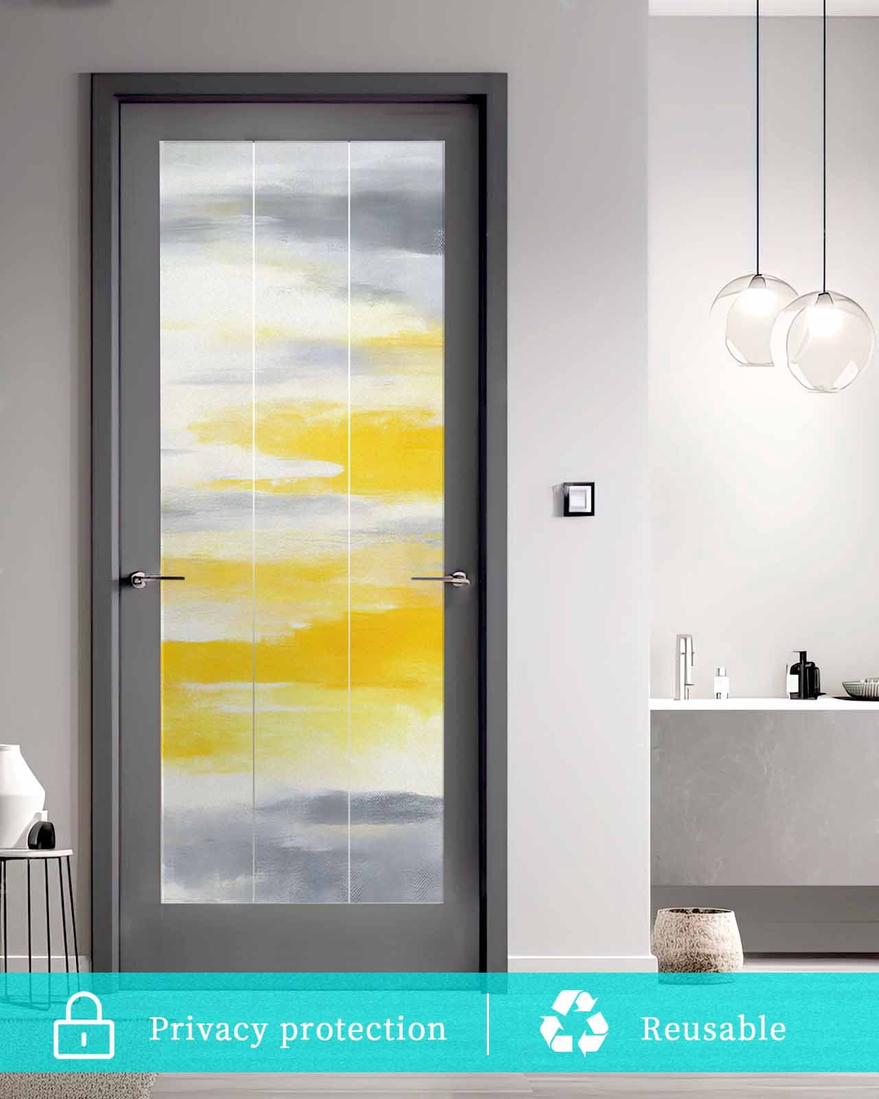 Window Privacy Film Yellow Grey Stained Glass Window Film Decorative Sun Block Window Cover Vintage Farmhouse Abstract Oil Painting Window Clings Static Adhesive Sticker for Bathroom 23.6"x59"