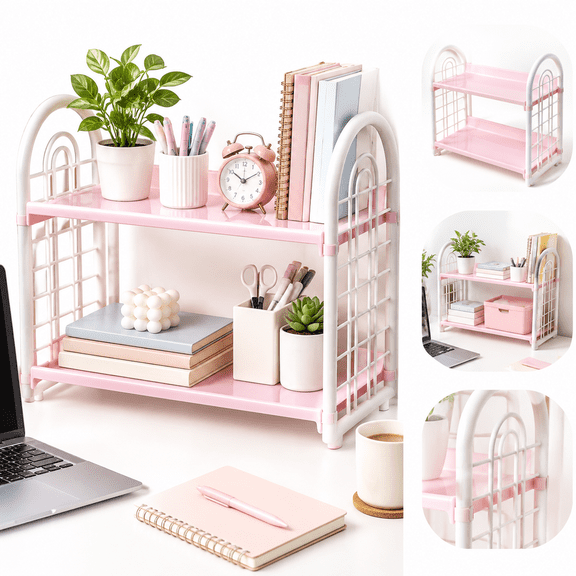 Double Layer Desktop Storage Rack Desk Bookshelf Organizer, 2 Tier Hollow Tabletop Shelf for Dormitory Office, Pink
