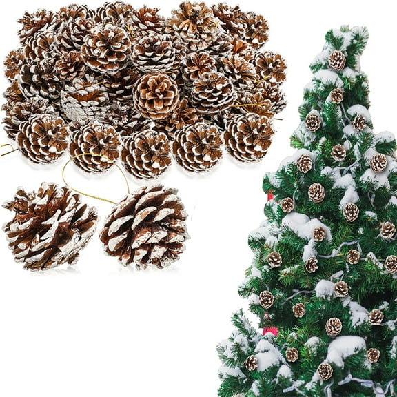GIXUSIL 18 Pcs Natural Pine Cones, 2 in Pinecone Ornaments, Pine Cones with Sliver String, Decorative DIY Crafts Pine Cones for Christmas Tree Xmas Table, Party Decorations (Snow)