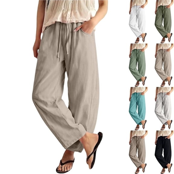 Linen Barrel Pants Women Wide Leg Palazzo Cotton Drawstring Capris Casual Summer Beach Vacation Boho Baggy Trousers